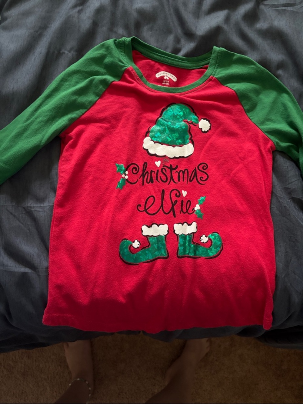 Holiday Time Red & Green Christmas Elf Raglan Long Sleeve Top